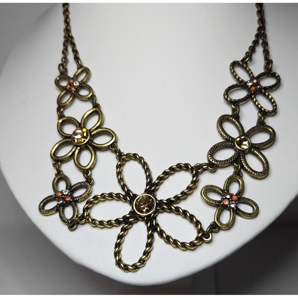 Necklace Floral Open design Rustic w/ Rhinestones 17" - Picture 1 of 11